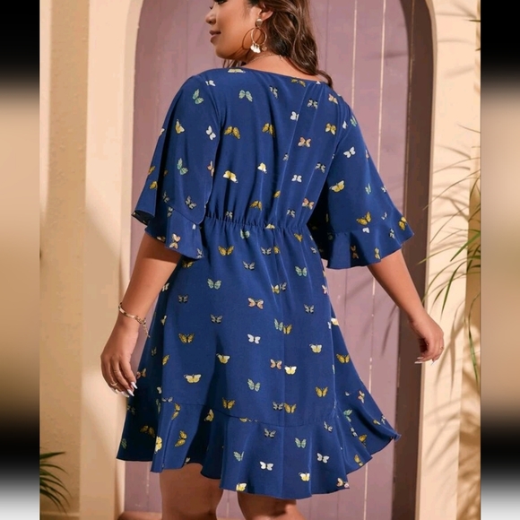 SHEIN Women's Butterfly Print, Flounce Sleeve, Hem Knot Front Dress NWOT - Picture 3 of 14